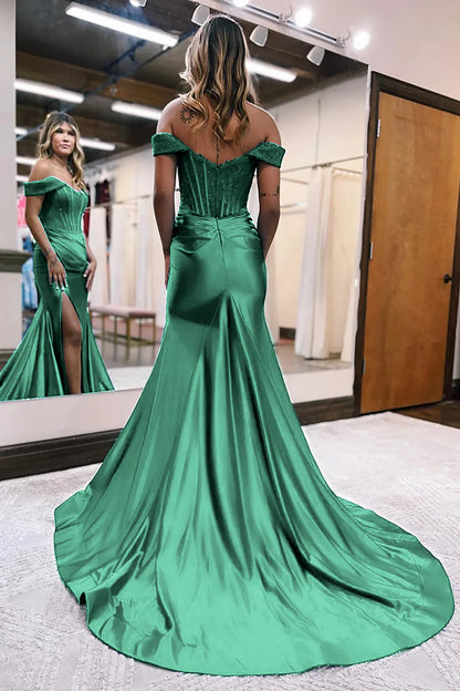 Hunter Green Mermaid Off The Shoulder Court Train Lace-Up Back Long Dress With Split