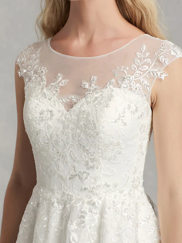 A-Line Wedding Dresses Jewel Neck Tea Length Lace Tulle Cap Sleeve Beautiful Back with Appliques