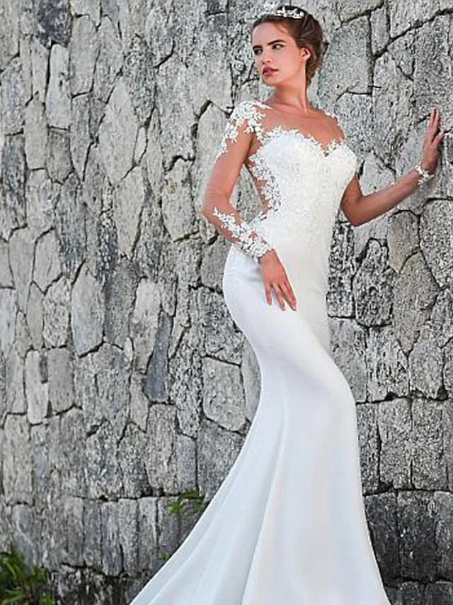 Wedding Dresses Jewel Neck Court Train Lace Long Sleeve Formal Casual Vintage Illusion Sleeve
