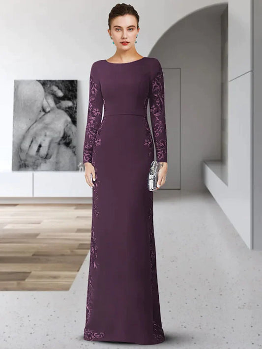 Mother of the Bride Dress Elegant Jewel Neck Floor Length Chiffon Lace Long Sleeve with Sash Ribbon Appliques