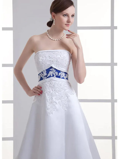 A-Line Wedding Dresses Strapless Court Train Organza Satin Strapless with Pick Up Skirt Ruched Beading