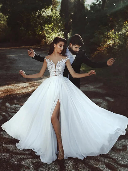 A-Line Wedding Dresses V Neck Court Train Chiffon Lace Cap Sleeve Country Romantic Sexy See-Through Backless with Lace Sashes Ribbons