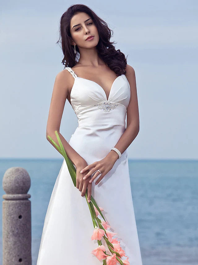 Wedding Dresses Sweetheart Neckline Stretch Satin Spaghetti Strap Open Back with Beading