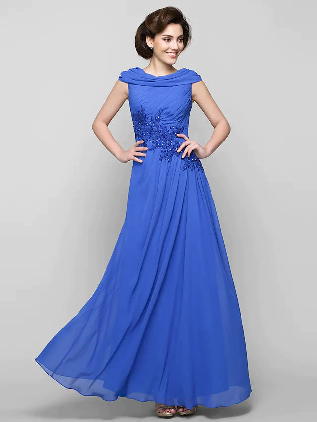 A-Line Mother of the Bride Dress Elegant Cowl Neck Ankle Length Chiffon Sleeveless with Criss Cross Appliques