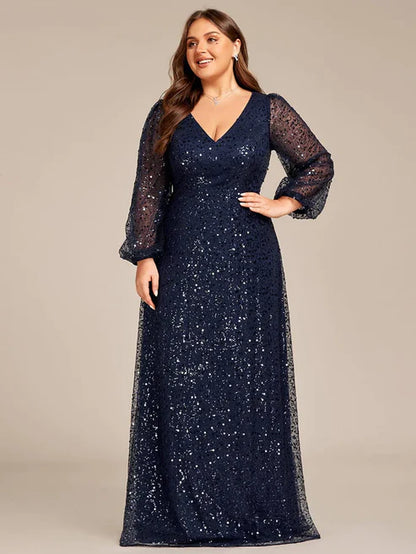 Plus Size V-Neck Lantern Long Sleeve Sequin A-Line Evening Dress/Prom Dresses Party Dresses