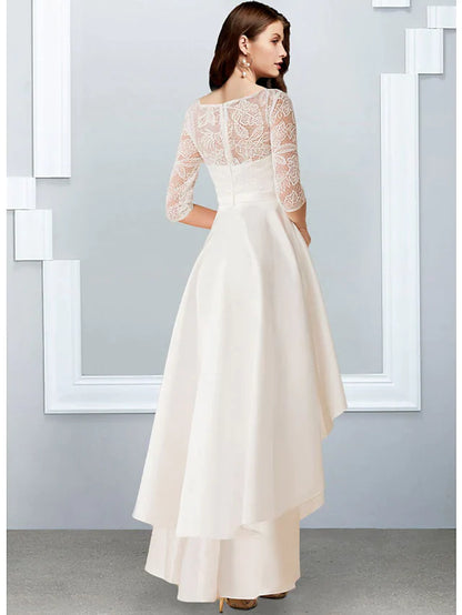 A-Line Wedding Dresses Jewel Neck Asymmetrical Chiffon Lace Half Sleeve Simple Beach with Cascading Ruffles