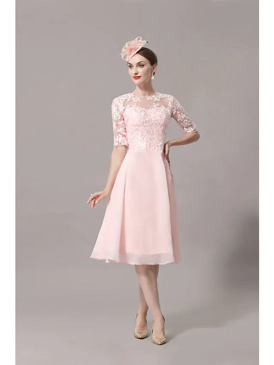 A-Line Mother of the Bride Dress Elegant Illusion Neck Knee Length Lace Satin Half Sleeve with Pleats Appliques