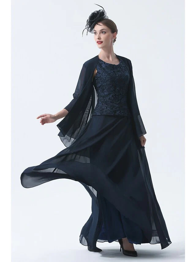 Two Piece A-Line Mother of the Bride Dress Elegant Square Neck Floor Length Chiffon 3/4 Length Sleeve with Embroidery