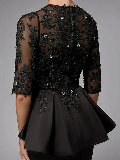 Mother of the Bride Dress Sexy See Through Jewel Neck Lace Satin Half Sleeve with Beading Appliques