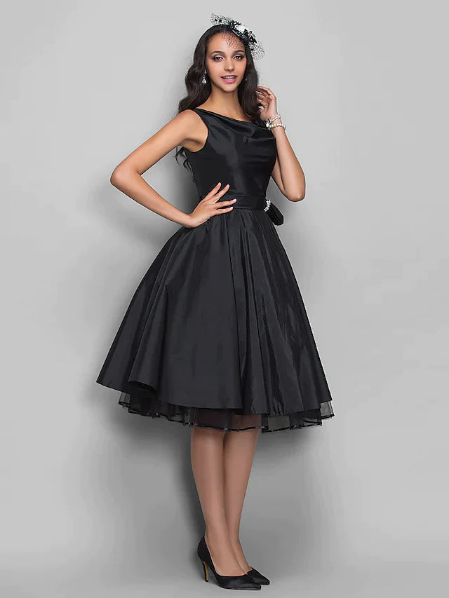 Ball Gown Cocktail Party Prom Dress V Neck Sleeveless Knee Length Taffeta with Pleats Crystals