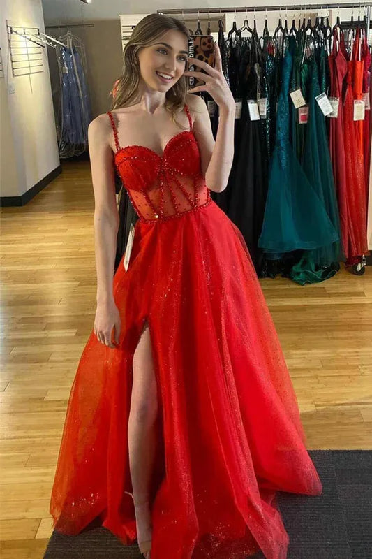 A-Line Spaghetti Straps Glitter Sparking Beaded Corset Long Prom Dress With Slit