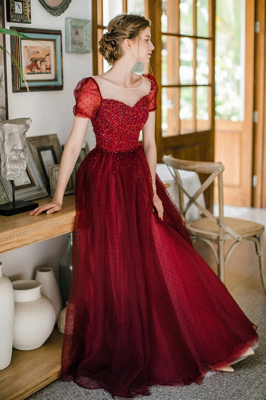 Red Tulle Prom Dresses with Sheer Illusion Neckline Beaded Bodice Polka Dot Tulle Skirt Puff Sleeves and Lace Up Back