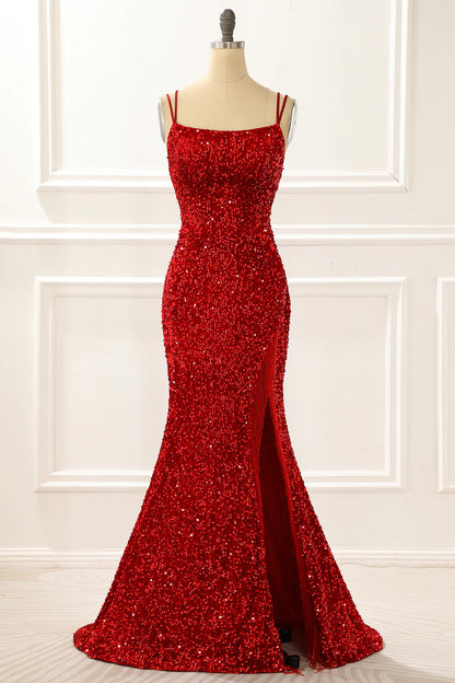Mermaid Red Square Neck Sparkly Lace-Up Back Prom Dress with Fringes