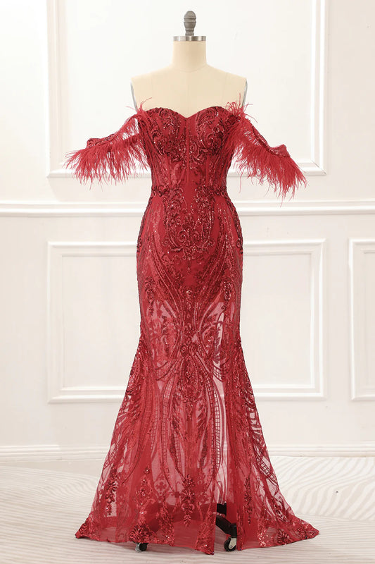 Off The Shoulder Mermaid Sequin Split Fork Prom Dress with Feathers