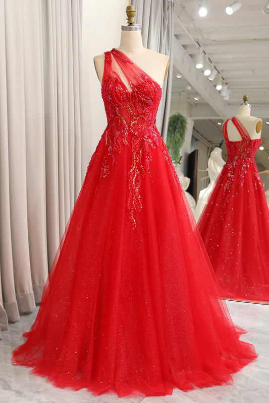 Sparkly Red A-Line One Shoulder Tulle Long Prom Dress With Sequins