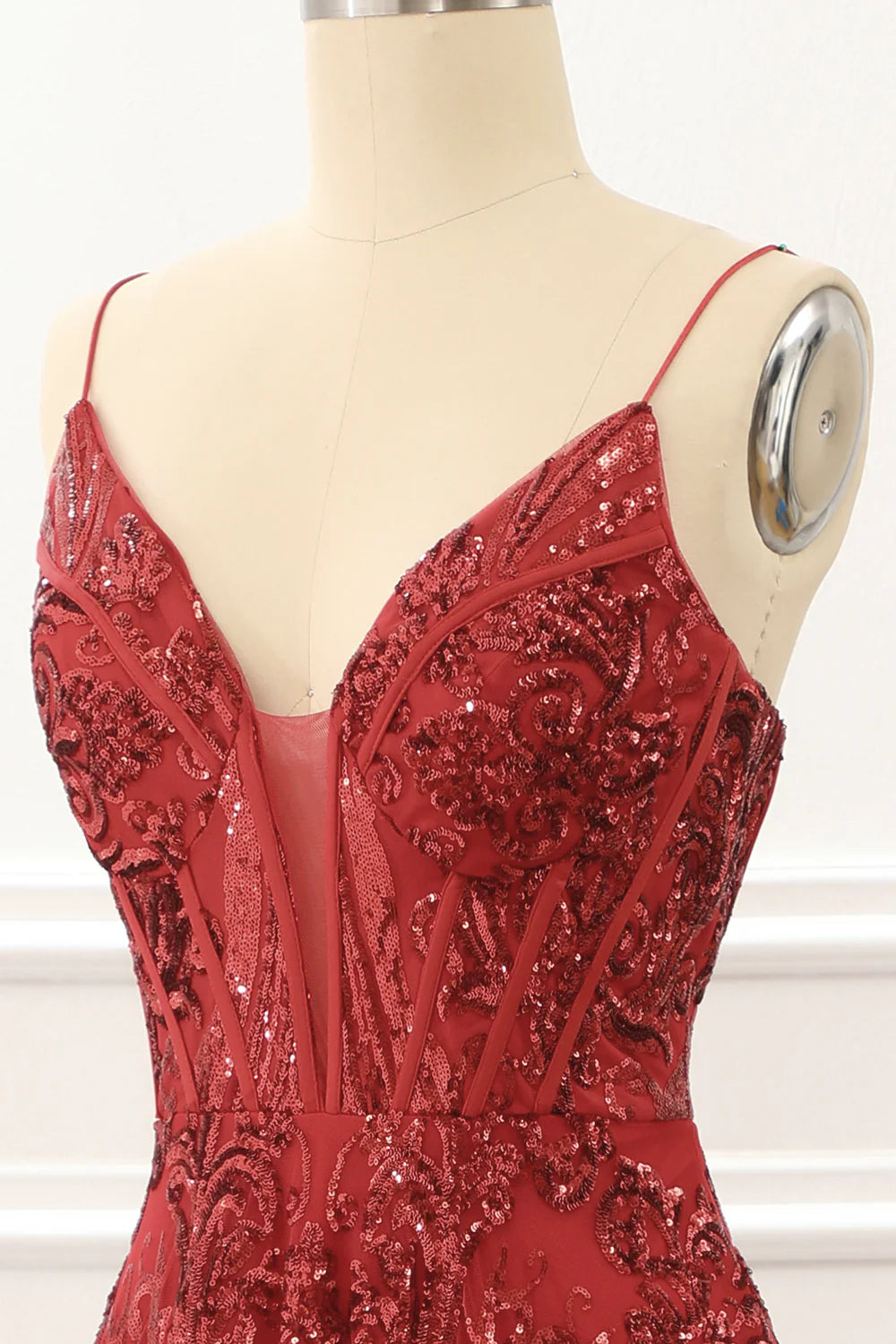 Red Plunge V Spaghetti Straps Sparkly Corset Lace-Up Back Prom Dress