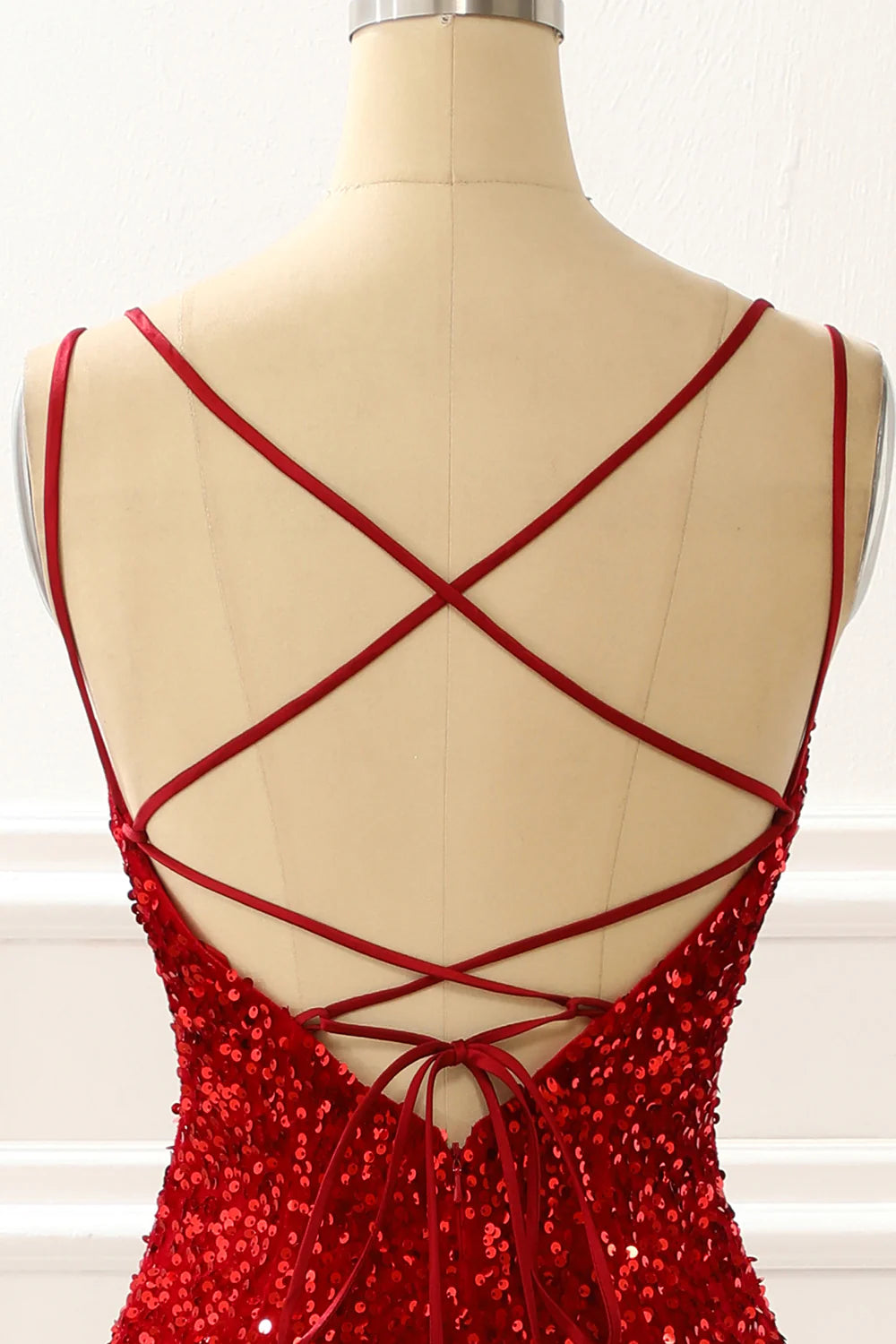 Mermaid Red Square Neck Sparkly Lace-Up Back Prom Dress with Fringes