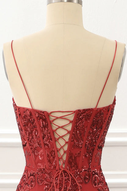 Red Plunge V Spaghetti Straps Sparkly Corset Lace-Up Back Prom Dress