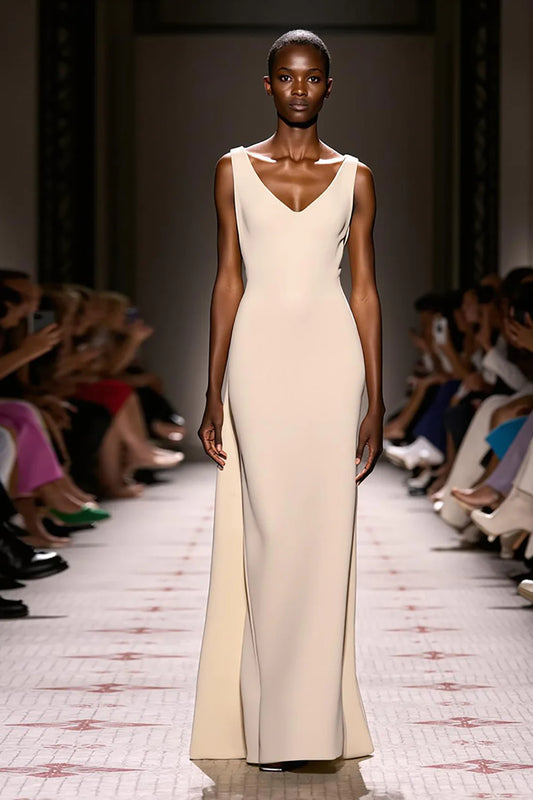 Refined Ivory Sleeveless Deep V-Neck Open-Back Floor Length Evening Dress