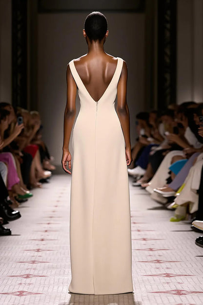Refined Ivory Sleeveless Deep V-Neck Open-Back Floor Length Evening Dress