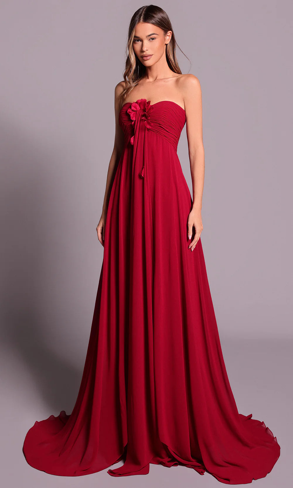 Regal Burgundy Chiffon Strapless 3D Floral Embellished A-Line Train Evening Dress
