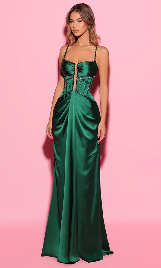 Regal Emerald Green Satin Spaghetti Strap Rhinestone Cutout Ruched Bodice Fitted Mermaid Evening Dress