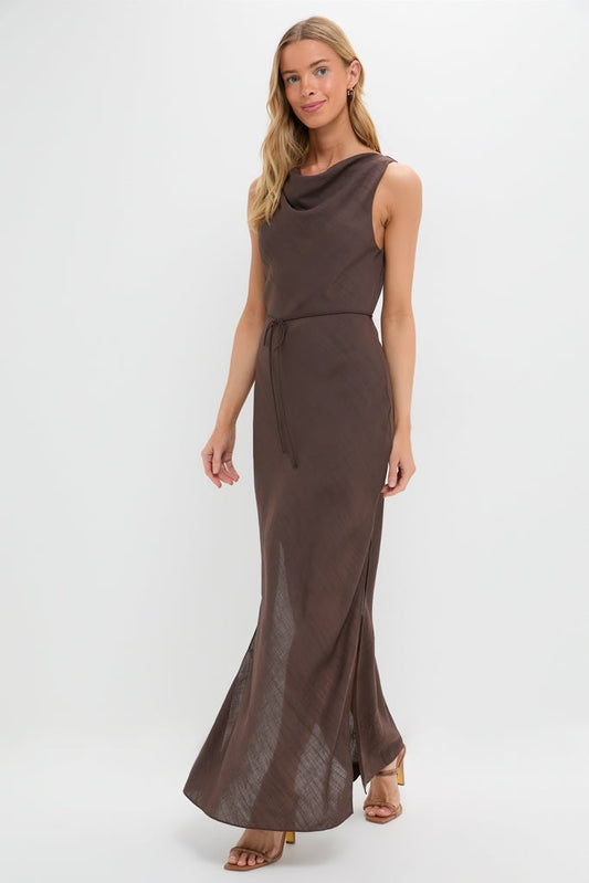 Relaxed Mocha Linen-Blend Maxi Dress with Cowl Neck and Self-Tie Waist, Evening Dresses