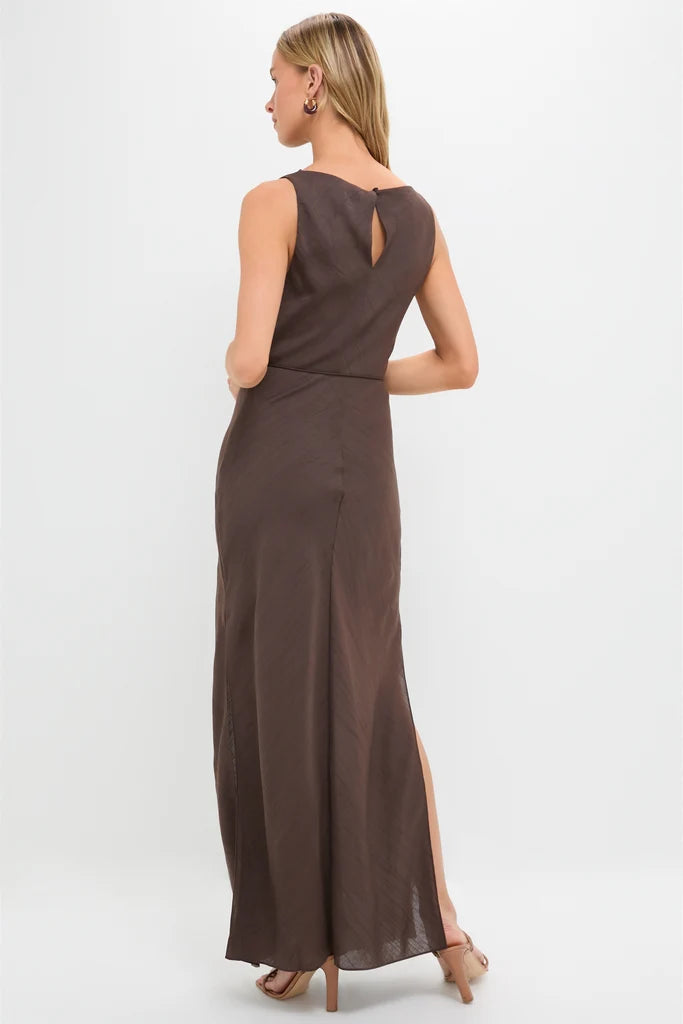 Relaxed Mocha Linen-Blend Maxi Dress with Cowl Neck and Self-Tie Waist, Evening Dresses