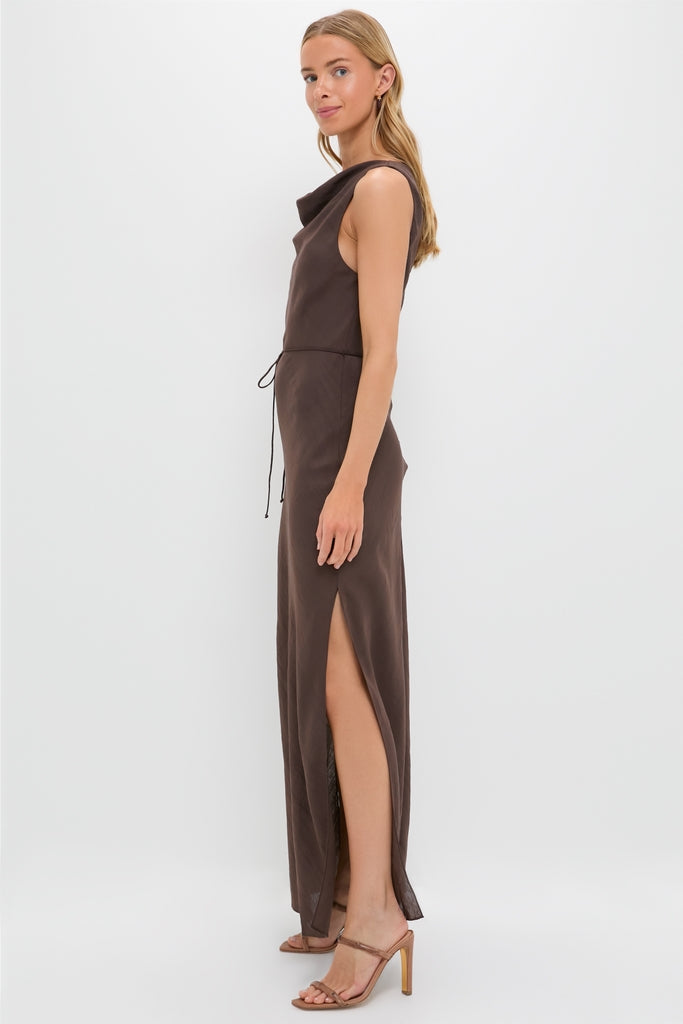 Relaxed Mocha Linen-Blend Maxi Dress with Cowl Neck and Self-Tie Waist, Evening Dresses