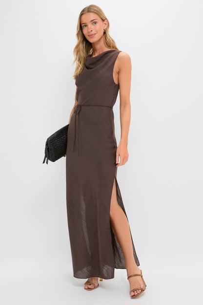 Relaxed Mocha Linen-Blend Maxi Dress with Cowl Neck and Self-Tie Waist, Evening Dresses