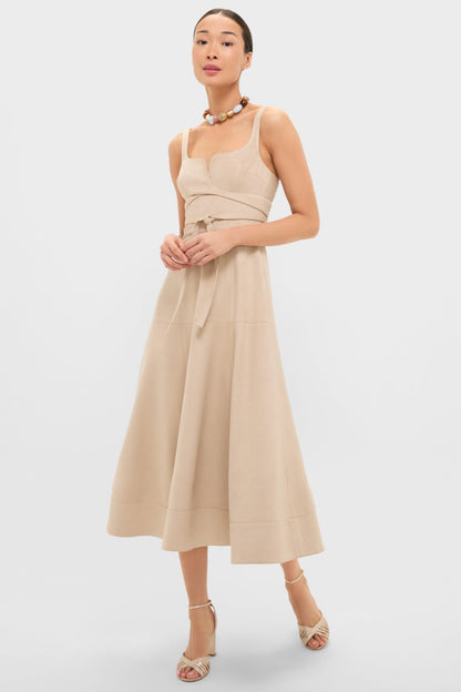 Romantic Beige Midi Dress with Sweetheart Neckline and Self-Tie Waist, Evening Dresses