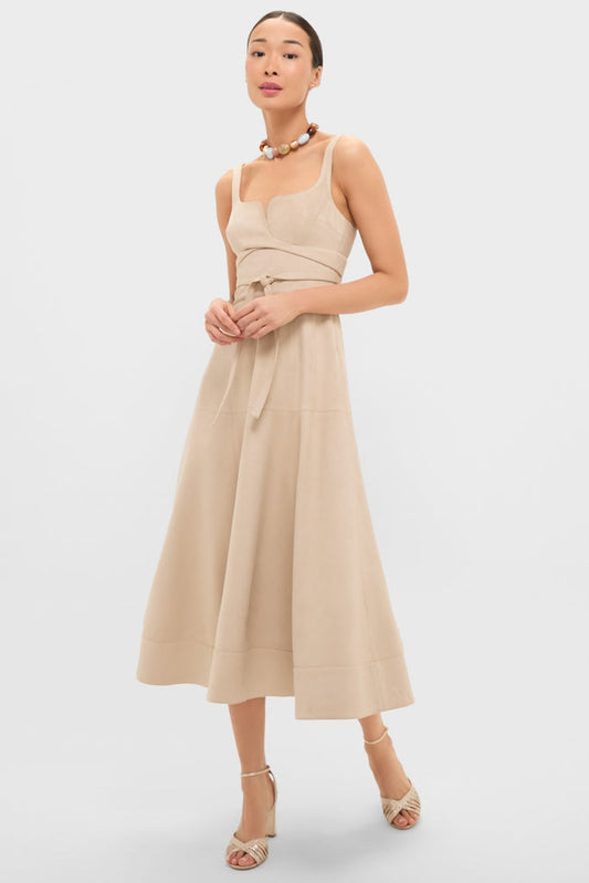 Romantic Beige Midi Dress with Sweetheart Neckline and Self-Tie Waist, Evening Dresses