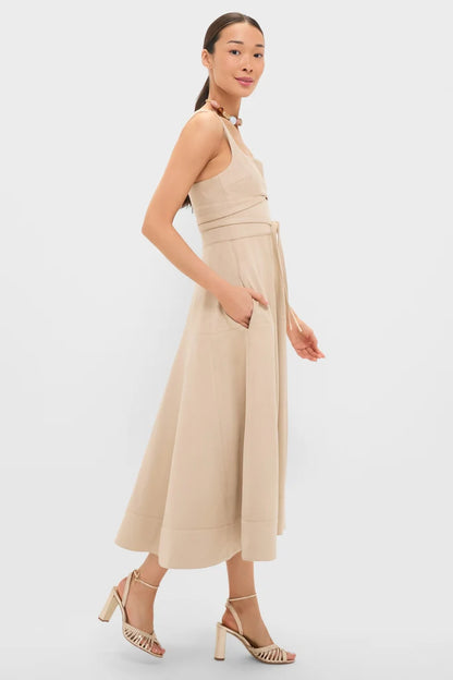 Romantic Beige Midi Dress with Sweetheart Neckline and Self-Tie Waist, Evening Dresses
