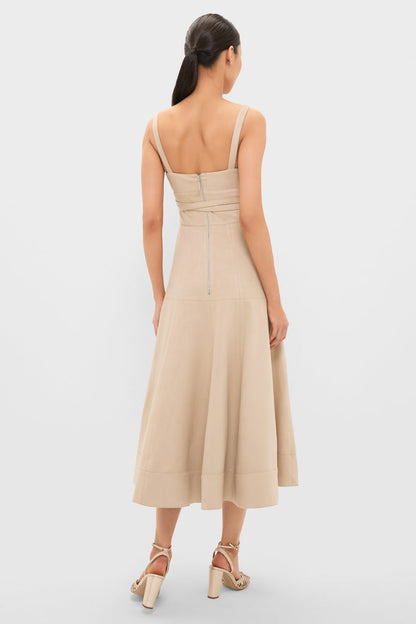 Romantic Beige Midi Dress with Sweetheart Neckline and Self-Tie Waist, Evening Dresses