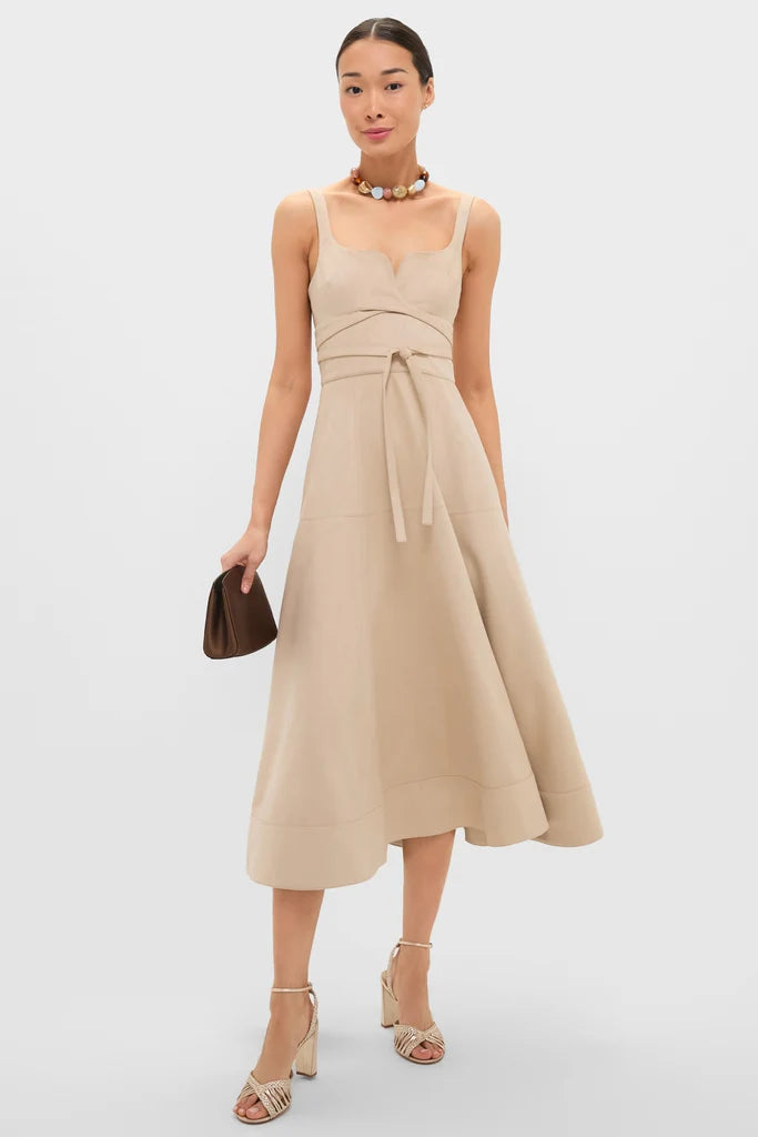 Romantic Beige Midi Dress with Sweetheart Neckline and Self-Tie Waist, Evening Dresses