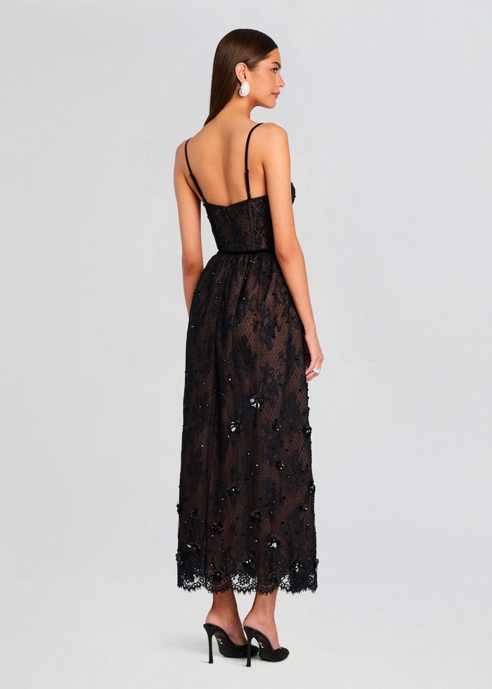 Romantic Black Lace Spaghetti Strap Bustier Embellished Midi Evening Dress