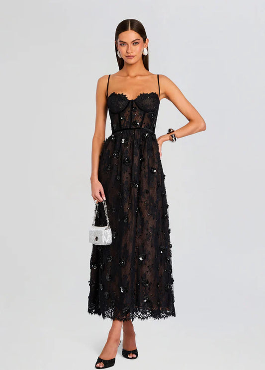 Romantic Black Lace Spaghetti Strap Bustier Embellished Midi Evening Dress
