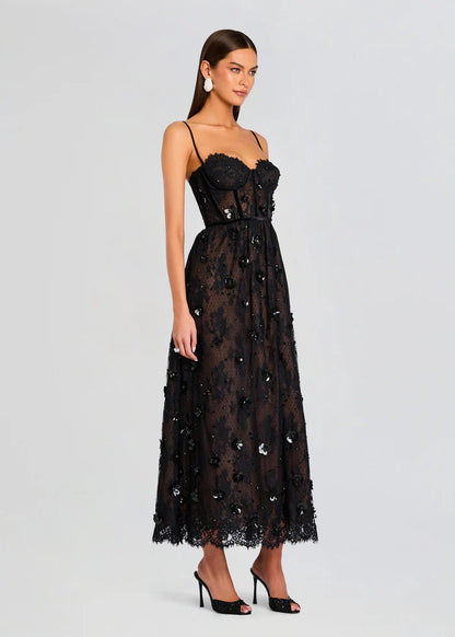 Romantic Black Lace Spaghetti Strap Bustier Embellished Midi Evening Dress