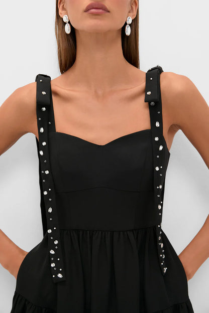 Romantic Black Tiered Midi Dress with Sweetheart Neckline and Pearl-Strap Detail, Evening Dresses