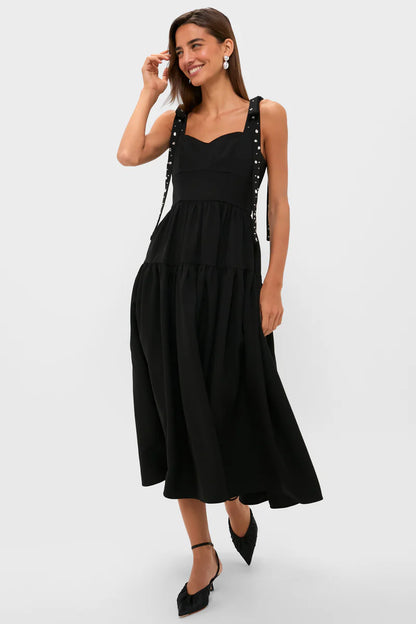 Romantic Black Tiered Midi Dress with Sweetheart Neckline and Pearl-Strap Detail, Evening Dresses