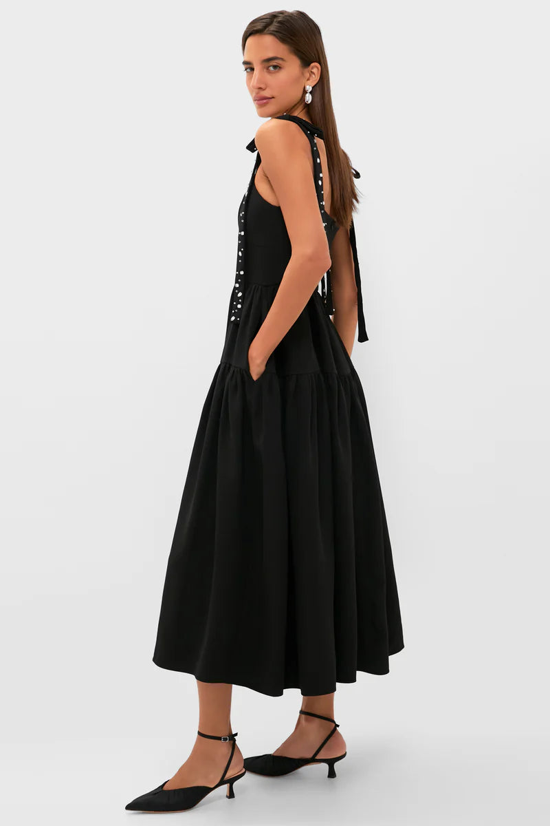 Romantic Black Tiered Midi Dress with Sweetheart Neckline and Pearl-Strap Detail, Evening Dresses