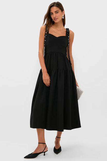 Romantic Black Tiered Midi Dress with Sweetheart Neckline and Pearl-Strap Detail, Evening Dresses