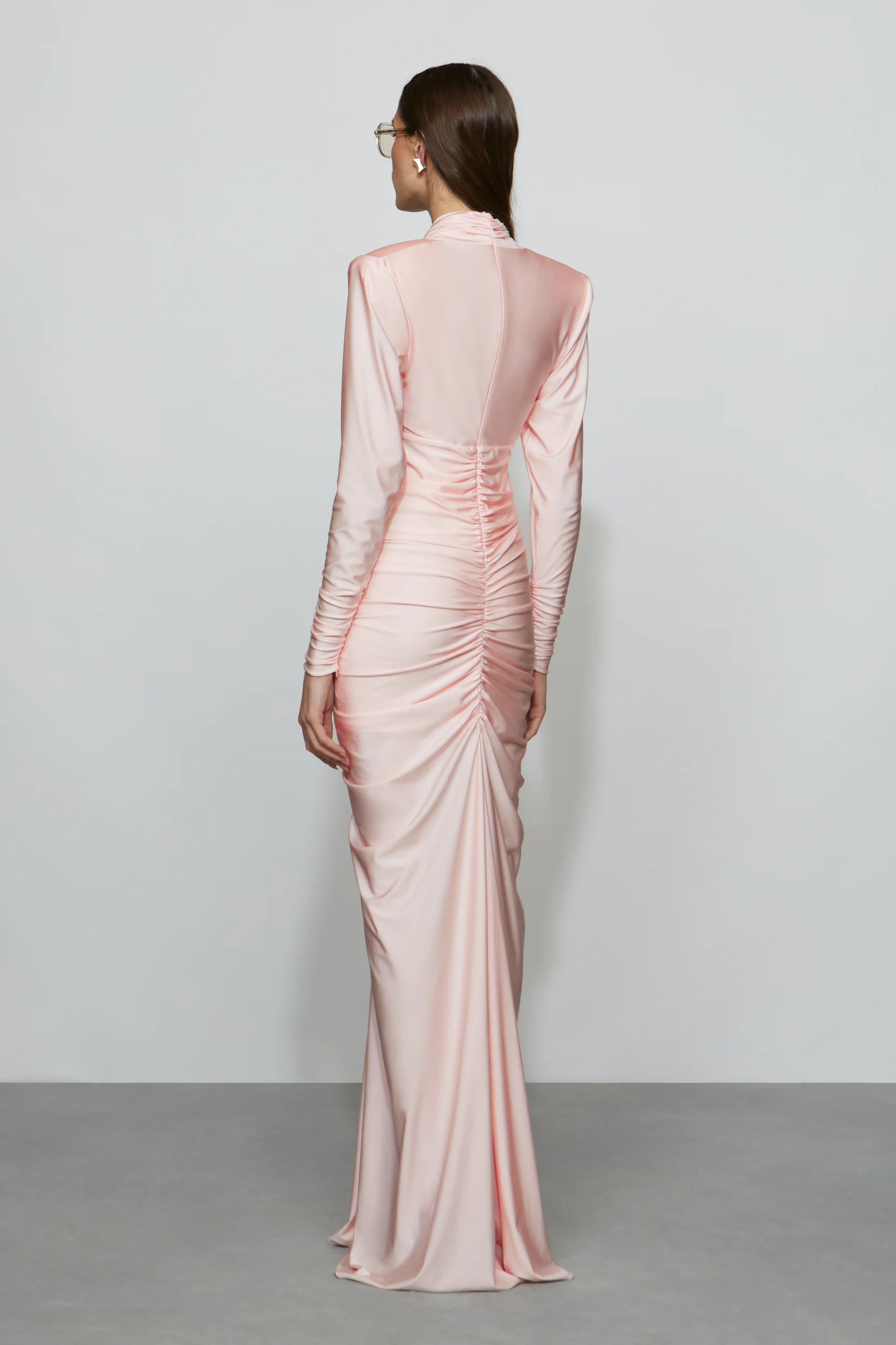 Romantic Blush Pink Satin Plunge V-Neck Long Sleeve Ruched Floor-Length Evening Dress