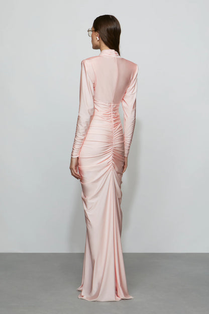 Romantic Blush Pink Satin Plunge V-Neck Long Sleeve Ruched Floor-Length Evening Dress