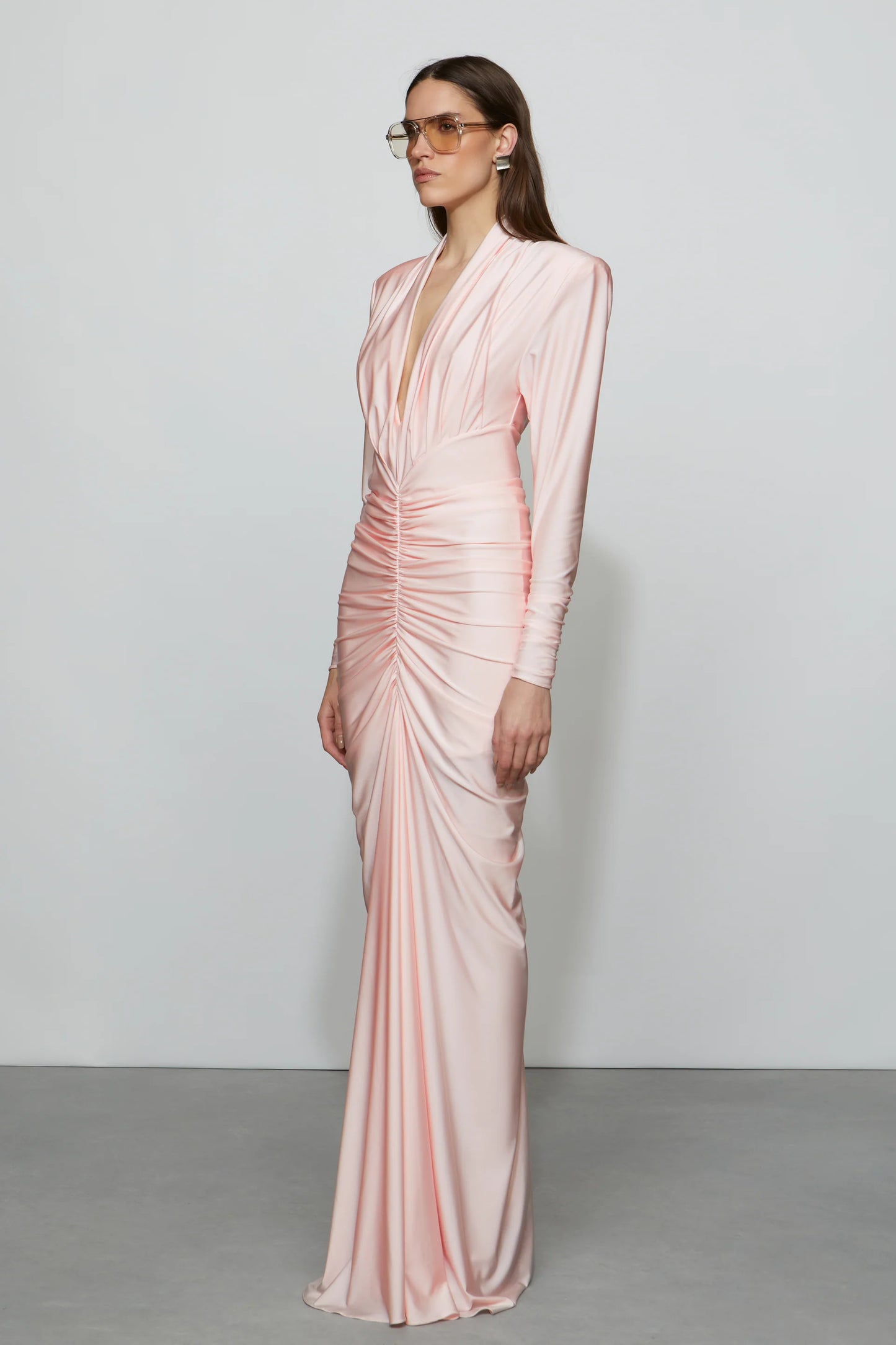 Romantic Blush Pink Satin Plunge V-Neck Long Sleeve Ruched Floor-Length Evening Dress