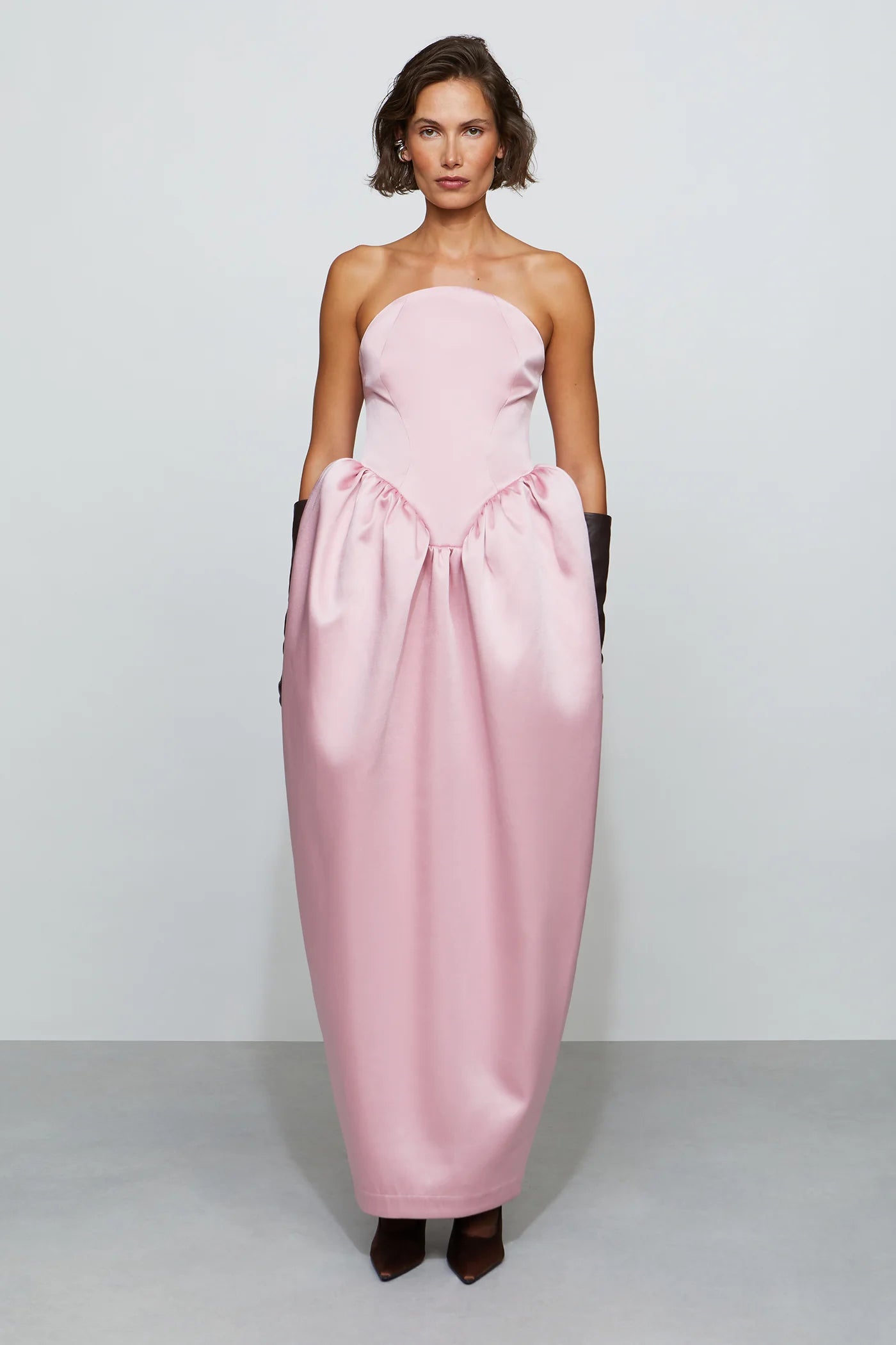 Romantic Blush Pink Strapless Sculptural Bubble Waist Floor-Length Evening Dress