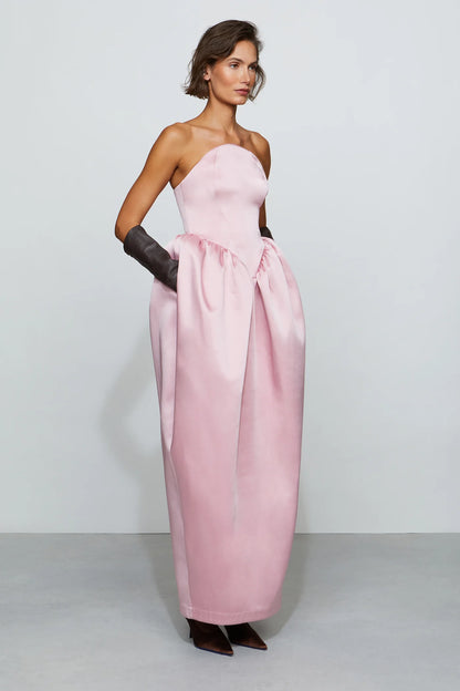 Romantic Blush Pink Strapless Sculptural Bubble Waist Floor-Length Evening Dress