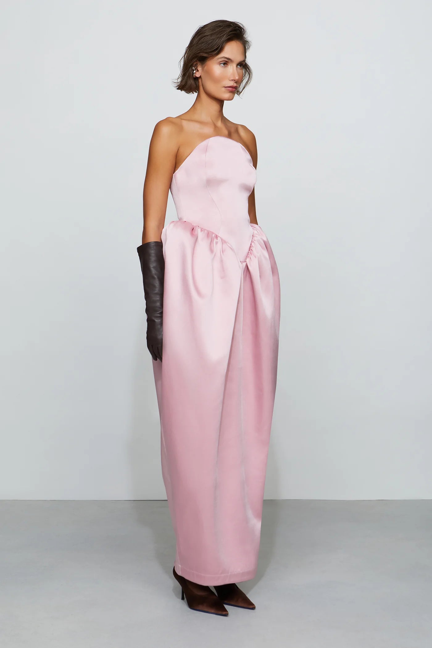 Romantic Blush Pink Strapless Sculptural Bubble Waist Floor-Length Evening Dress