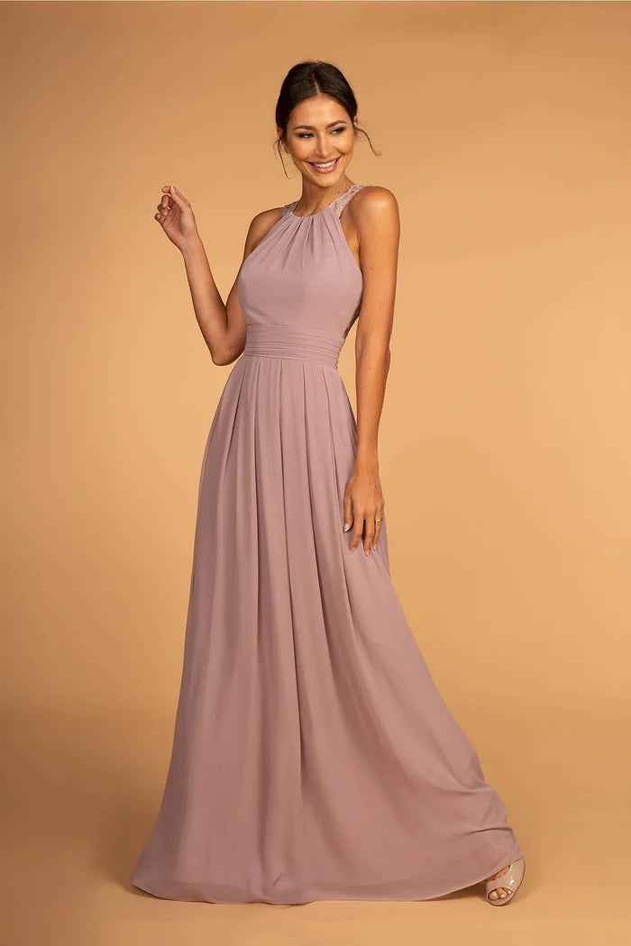 Romantic Dusty Lavender Halter with Lace Applique Back, Ruched Waist and Flowy A-Line Evening Dress