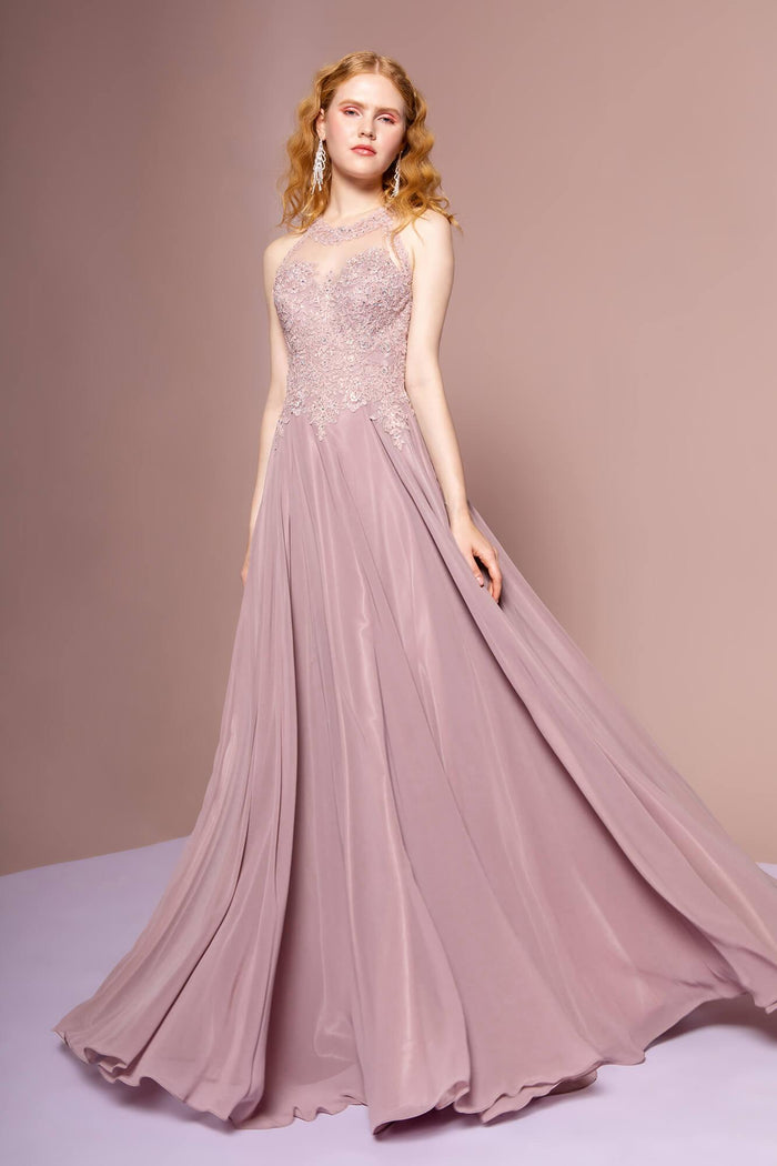 Romantic Dusty Lavender Halter with Lace Applique Bodice, Open Back and Cathedral Train Evening Dress